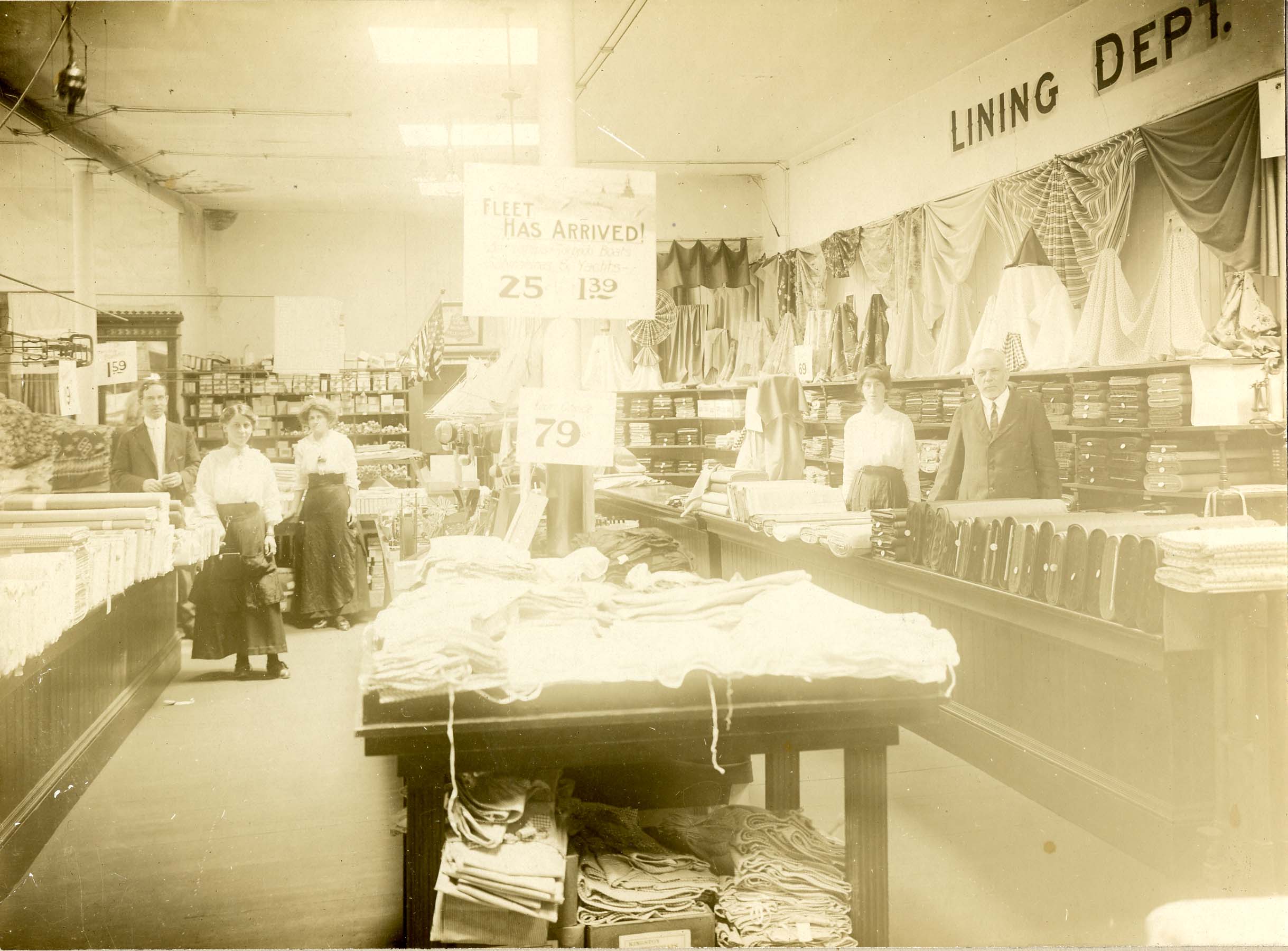 A ca. 1900 photograph of a dry goods’ lining department, reminiscent of Strawbridge and Clothier’s early days selling piece goods. Col. 182, 09x82.5 Downs Collection, Winterthur Library 