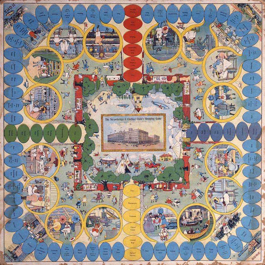 The game board, showing children riding the elevator, trying on hats and shoes, listening to phonographs, and eating ice cream at the soda fountain, provided players with many ideas of what to enjoy during their store visits. Col. 220, 88x132 Downs Collection, Winterthur Library 